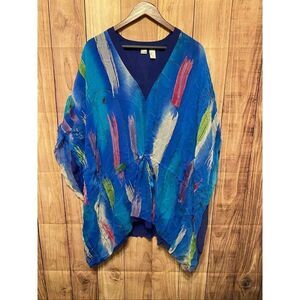 Chico’s M/L Silk tunic top coverup blue glitter multicolor drawstring